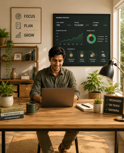 Calm, organised business owner focused at a clean desk