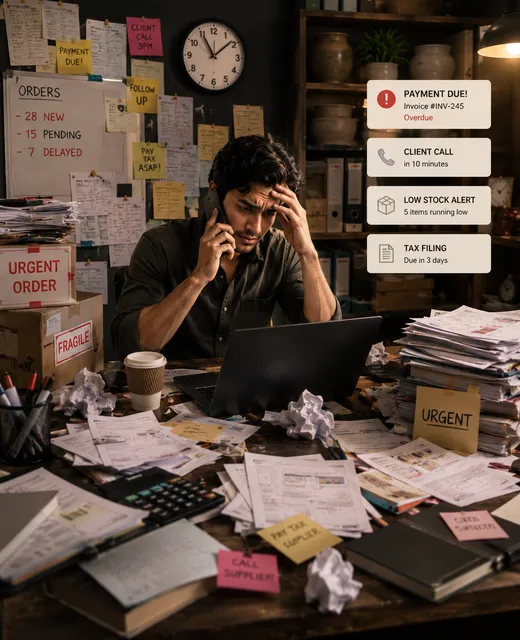 Overwhelmed business owner buried in paperwork and chaos